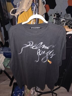 Palm Angels Black Tee with White Airbrush Logo and Orange Flame